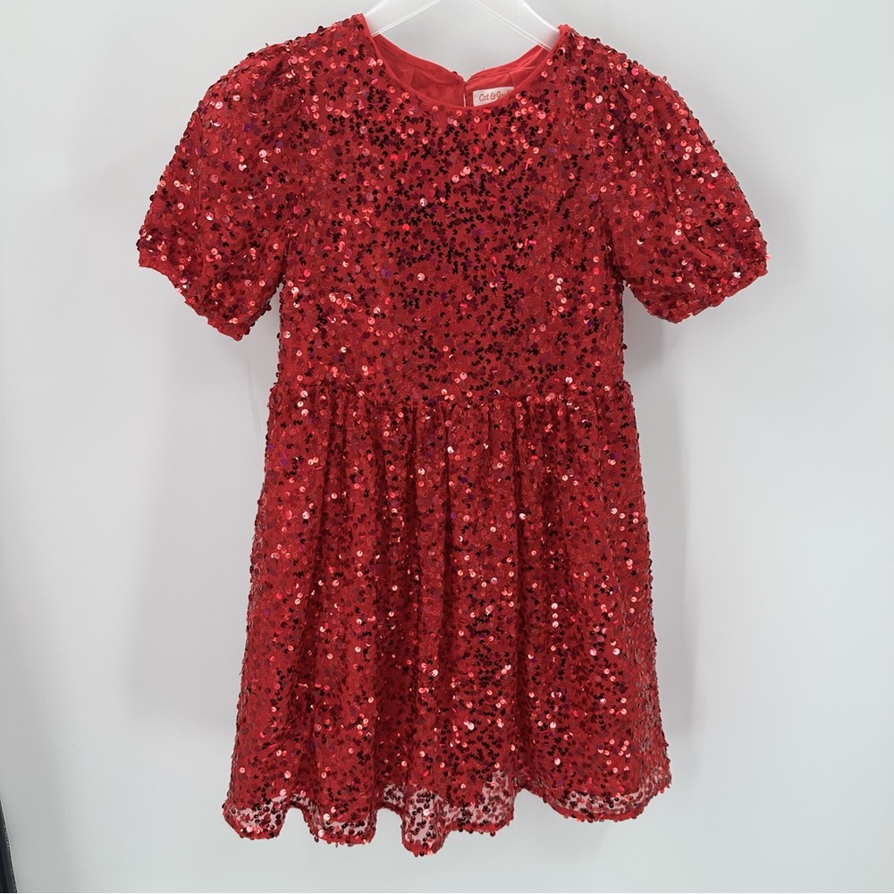 Cat & Jack Dress Girls L 10/12 Red Sequin Holiday Sparkle Christmas party READ